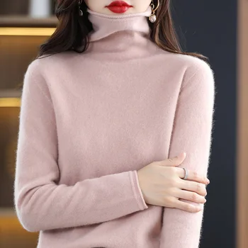 Пуловер дамско поло от 100% чиста вълна - тънък и гъвкав нов свободен пуловер с висока ворсовым яката и дъното