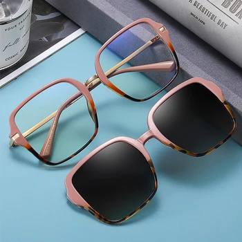 Розови Квадратни Слънчеви очила на магнит 2 в 1, Женски Модерни Дамски Поляризирани Слънчеви очила с Голяма Скоба, Анти-Сини Прозрачни Очила