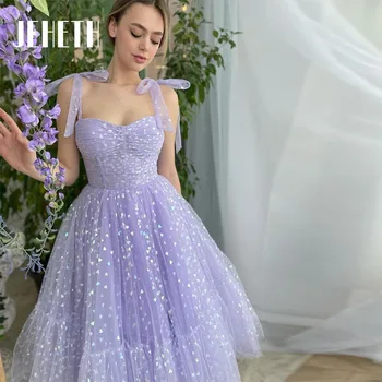 JEHETH Пурпурно сърце печат тюл рокля за бала скъпа-образно деколте и лък лямками дължина до коляното вечерни рокли с отворен гръб-line на официално парти
