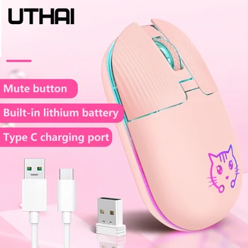 UTHAI HMW-22 Нов RGB 2,4 G Безжична Зареждане, Вградена Литиева Батерия Мишката ЛУНАТА Котка Животно, Скъпа Безжична Мишка Клавиатура
