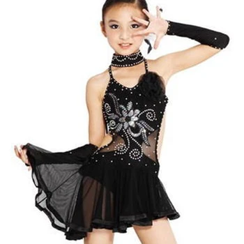 Детски костюм за латино танци с ярки диаманти за момичета, състезателни рокли за балните танци