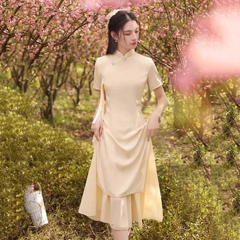 Жена Жълто Дълго лятото, Елегантен и Подобряване на рокля Трапецовидна форма в китайски стил, Винтажное Ципао от S До XXL