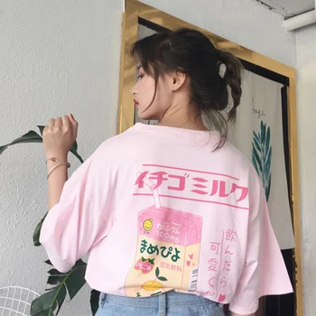 Корея, Корейска Дамски Модни Дрехи Лято С Писмото Принтом Ежедневни Чист Розова Свободна тениска Върховете