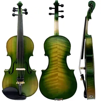 Красиви зелени на цвят 5 струнен електрическа и акустична цигулка 4/4, с лък в калъф