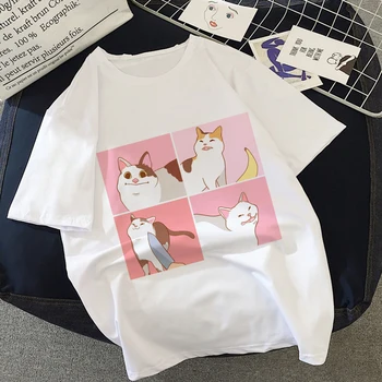 Тениска с Графичен принтом Аниме Cat Kawaii, Дамски 2020, Нова Лятна Мода Корея Тениска Harajuku, Естетически Бели Потници, Дамски Тениска
